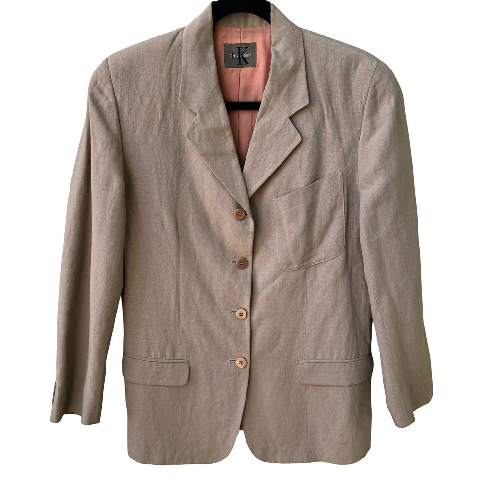 Calvin Klein Vintage 90s Linen Blend Minimalist Old Money Blazer Jacket Tan 8